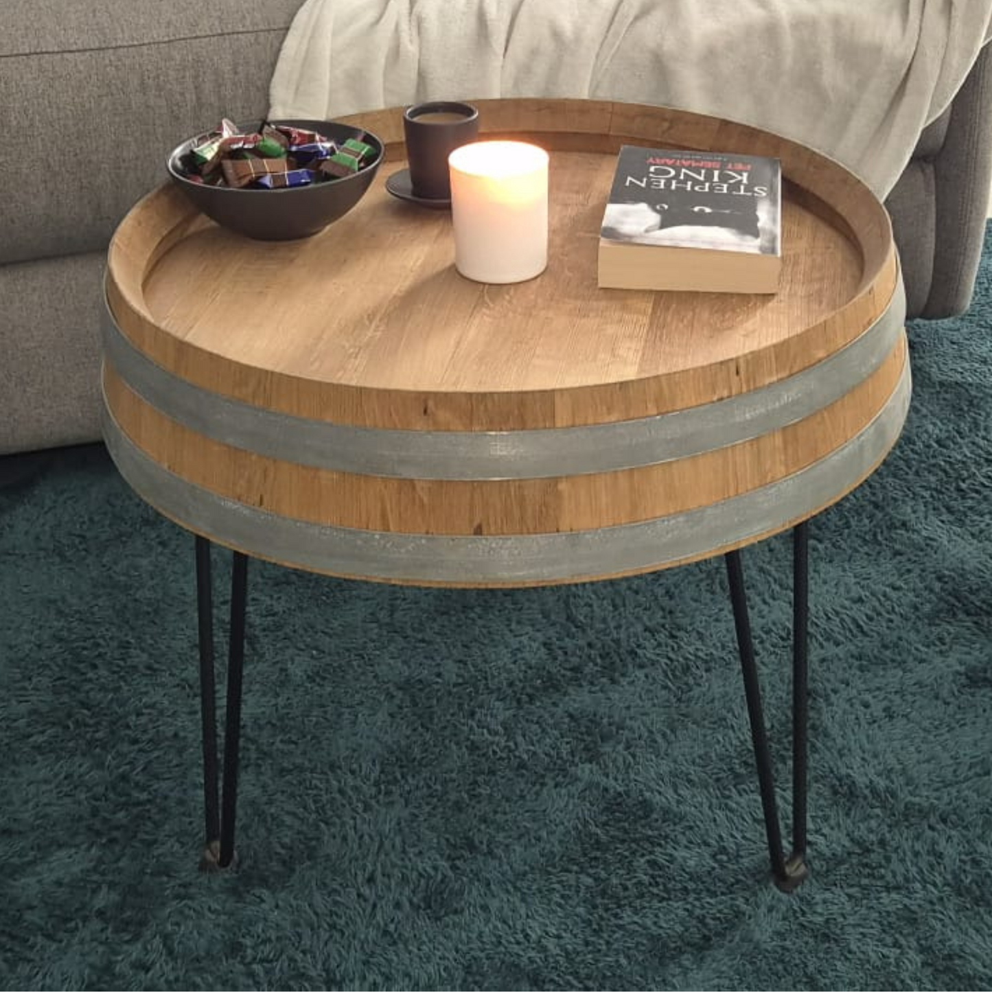 Stolić za dnevni boravak od kraja bačve s 3 hairpin noge