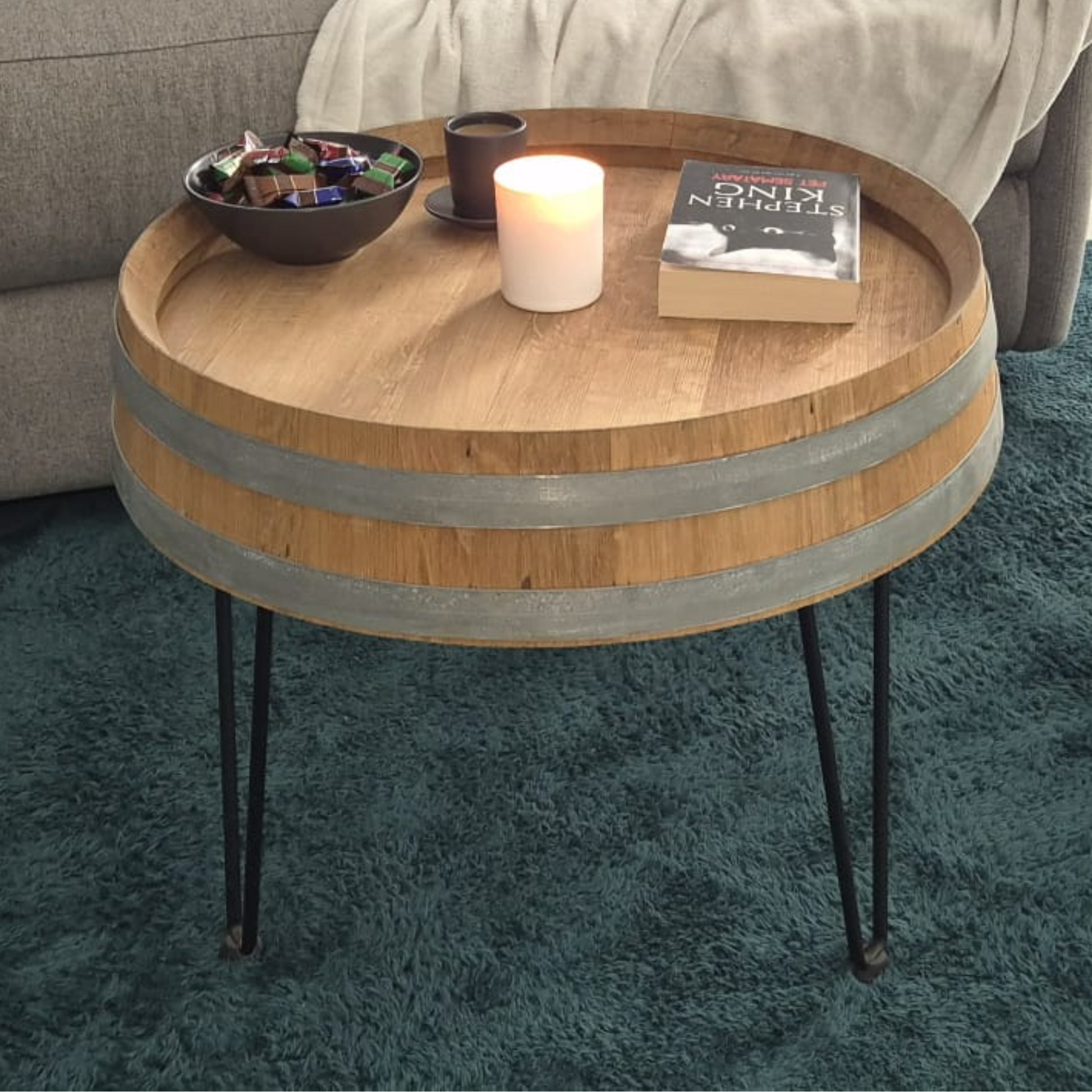 Stolić za dnevni boravak od kraja bačve s 3 hairpin noge