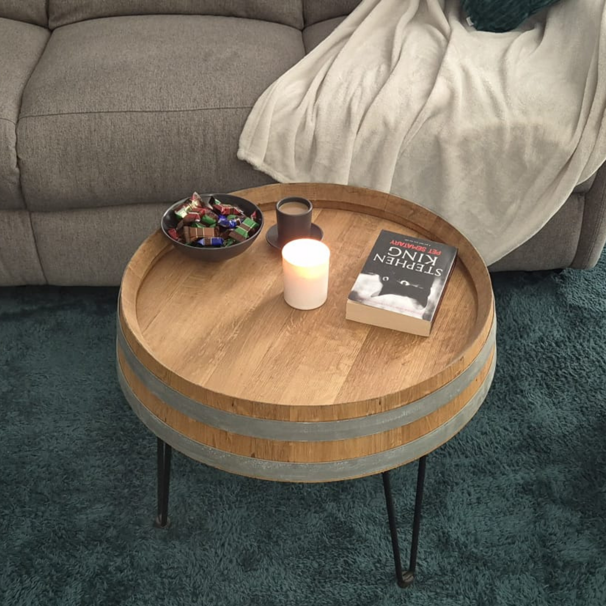 Stolić za dnevni boravak od kraja bačve s 3 hairpin noge